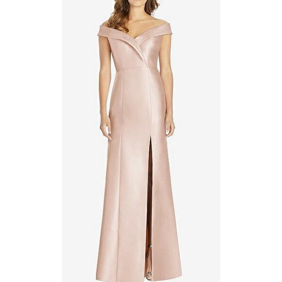 NWT‎ Dessy OFF-THE-SHOULDER CUFF TRUMPET GOWN WITH FRONT SLIT CAMEO Size 12 R - Picture 1 of 15
